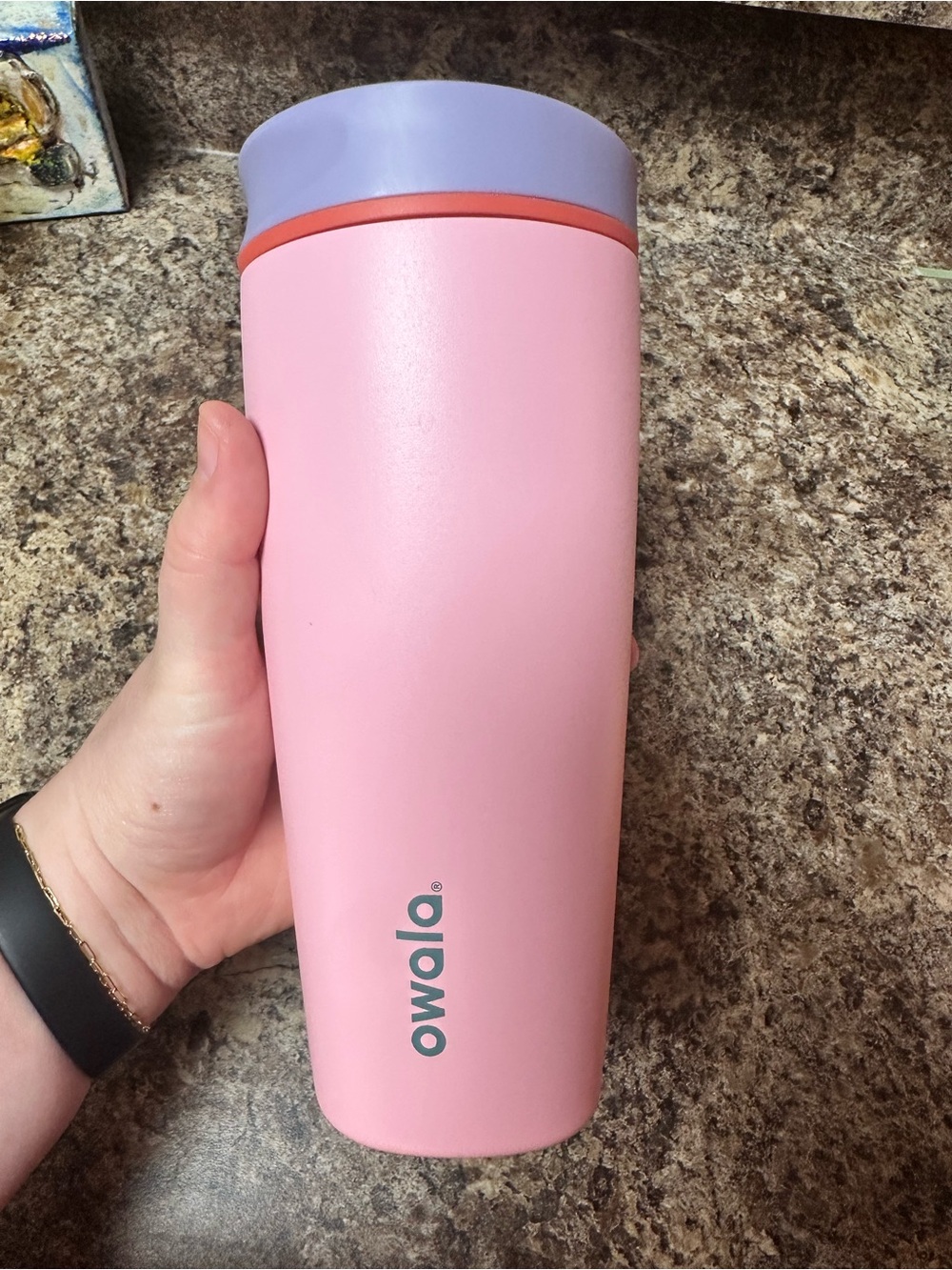 Owalo Pink Travel Tumbler with Lavender Lid